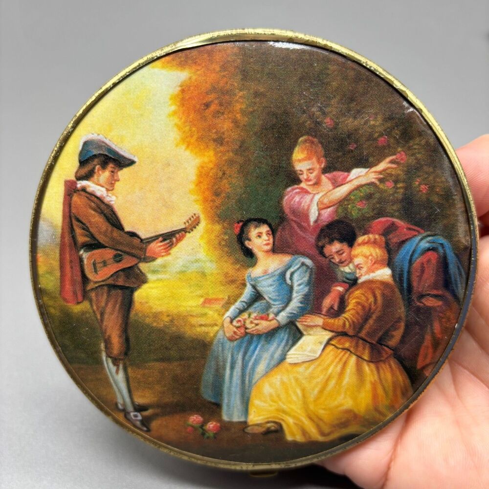 Vintage Round Compact Mirror Romantic Pastoral Scene Gold Tone Hinged Case